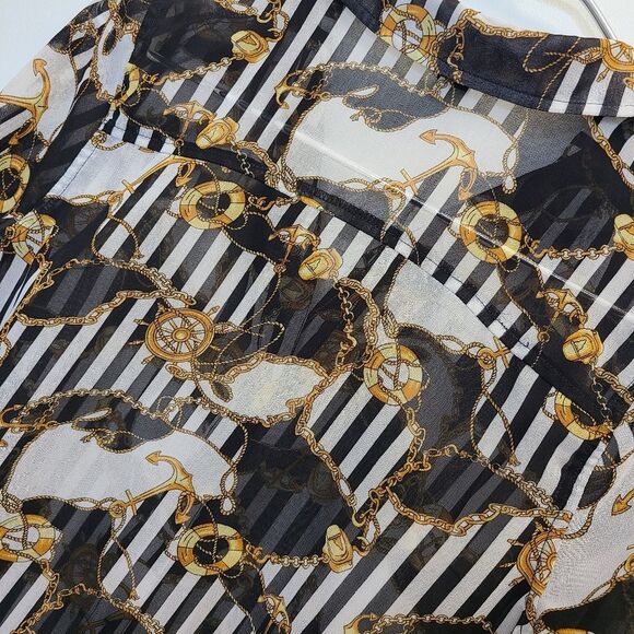 Forever 21 Nautical Black White Gold Sheer Long Sleeve Button Blouse Womens S - Picture 8 of 12